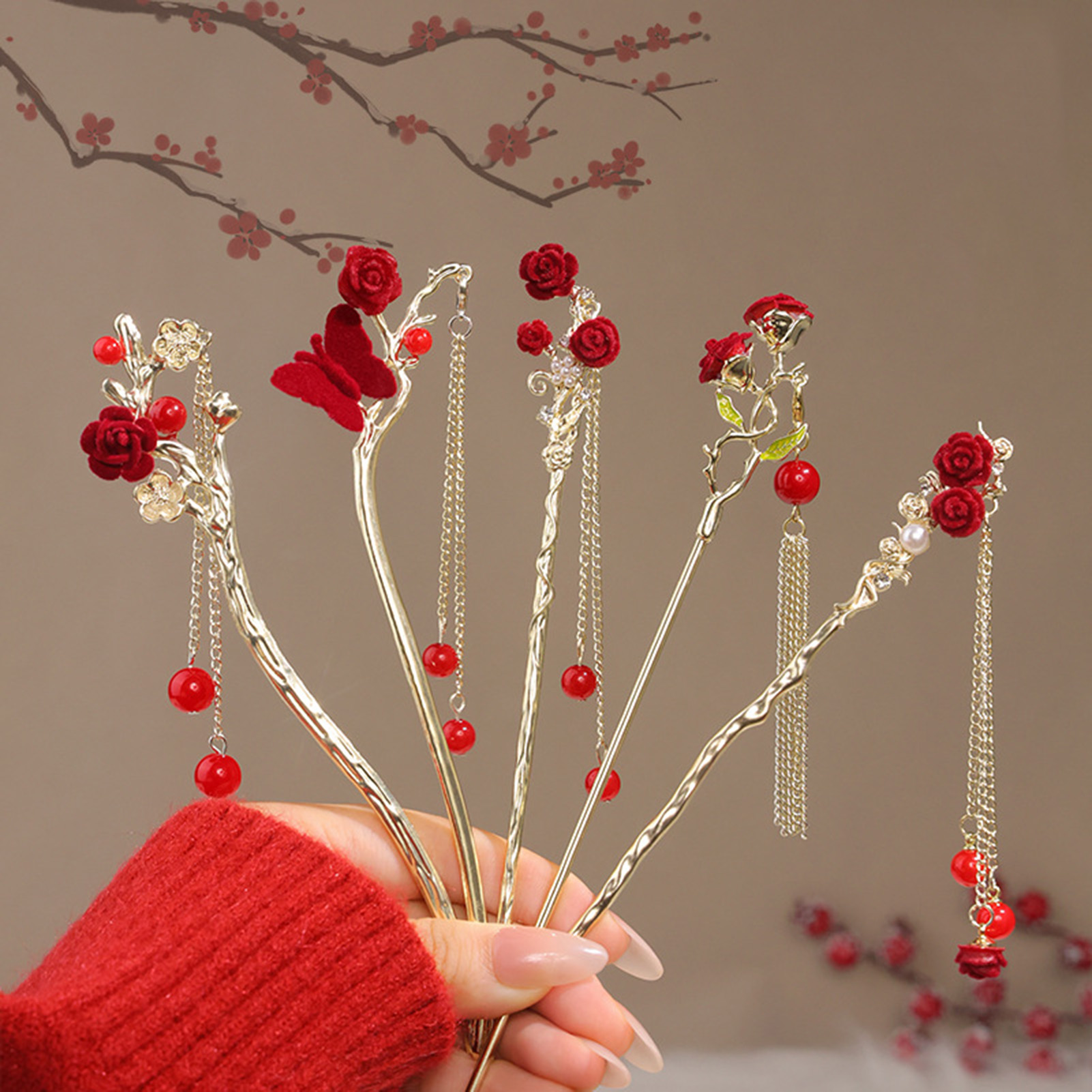 중국 스타일 장미 꽃 머리 스틱 머리핀 여성용 붉은 꽃 - Women'S Red Accessories 리뷰 및 가격