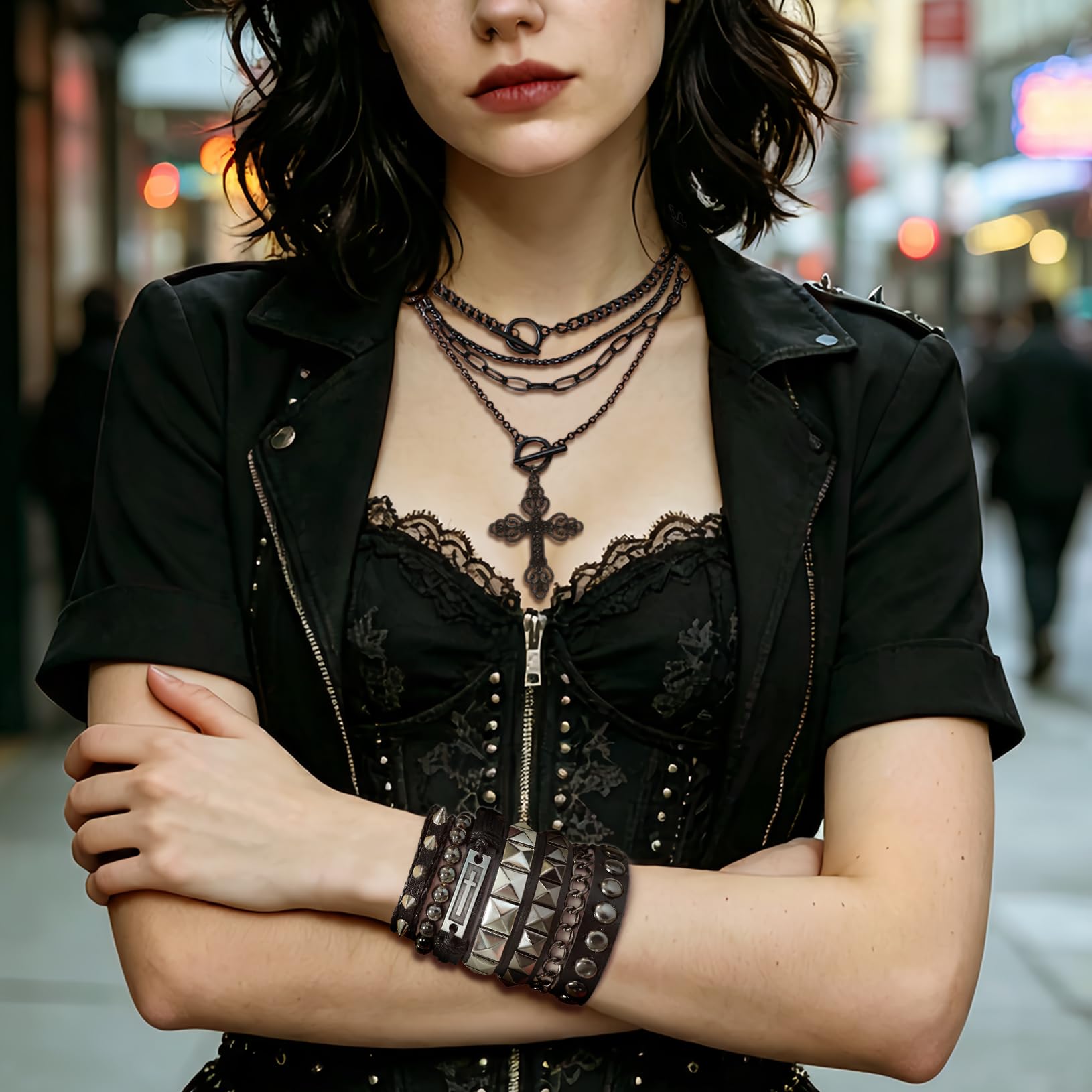 고딕 십자가 펜던트 레이어드 목걸이, 그런지 스터드 팔 - Women'S Emo Accessories 리뷰 및 가격